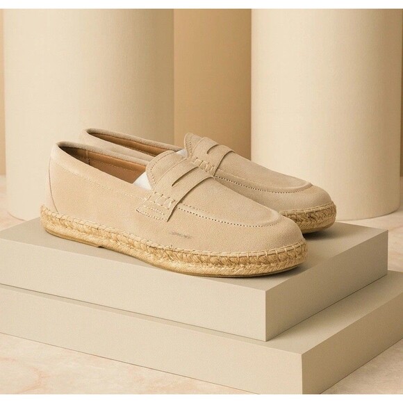 Bruno Magli Eduardo Mens 8.5 Sand Suede Leather Slip On Loafers Espadrille Beige